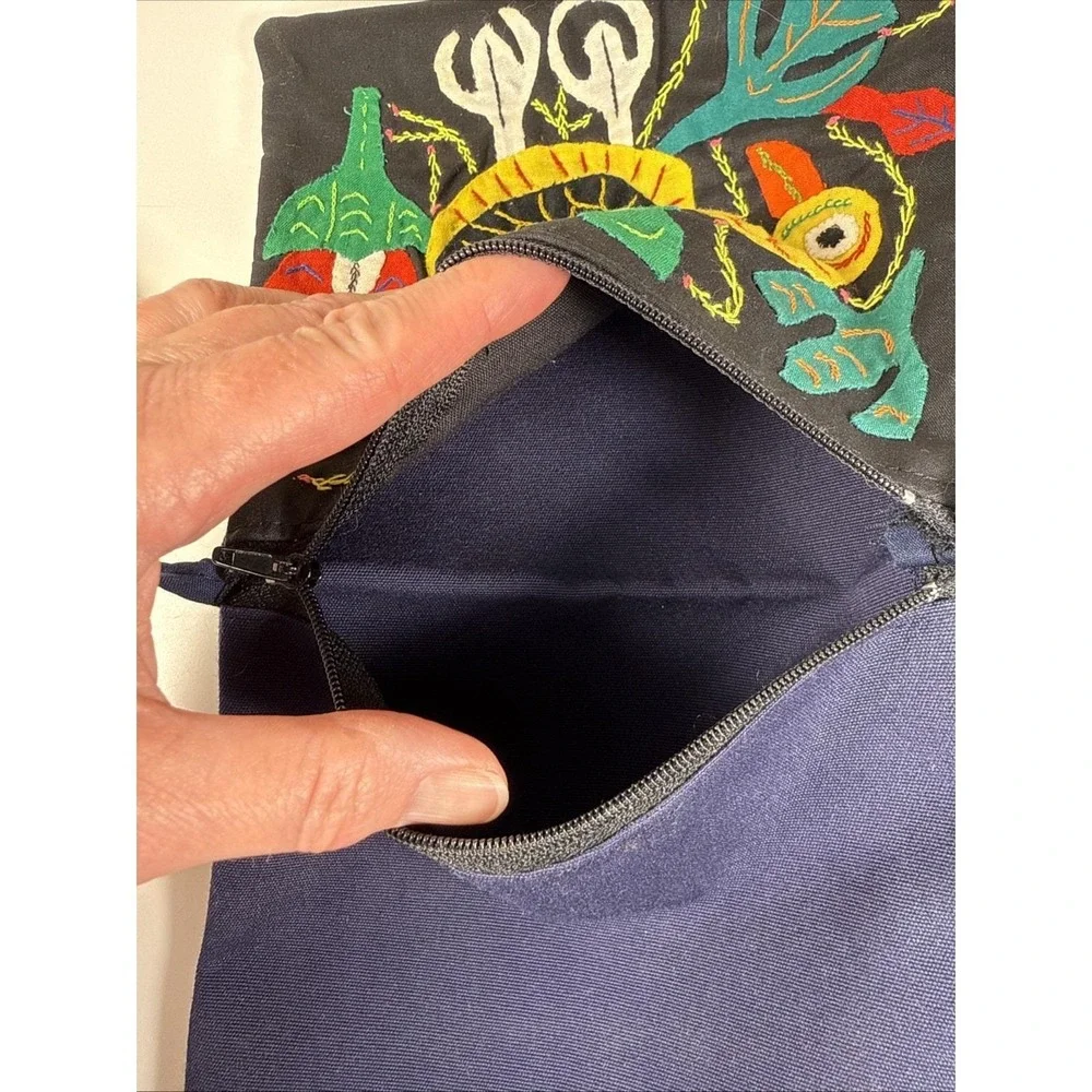 Vintage 1990s Cloth Purse Hand Appliqued Bird Double Pockets Zippered Boho 6.5